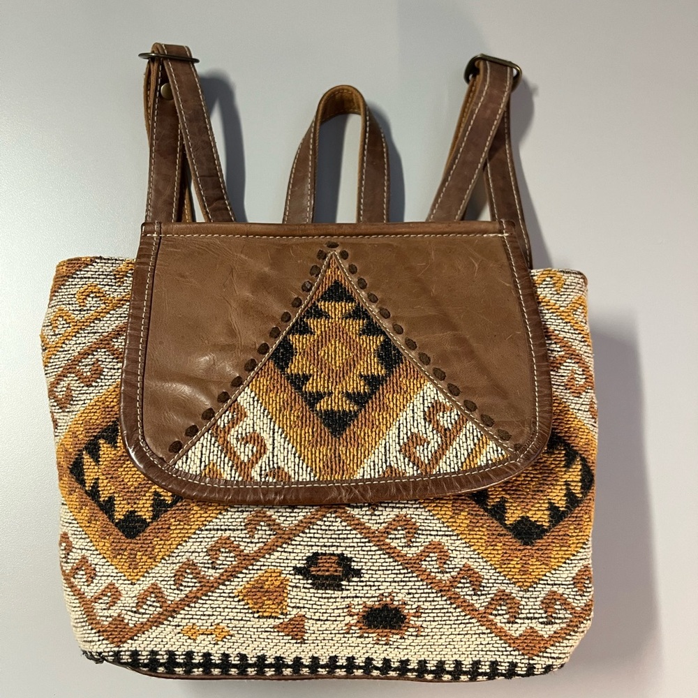 Myra Bag Handmade Terreous Backpack Upcycled Tapestry and Leather